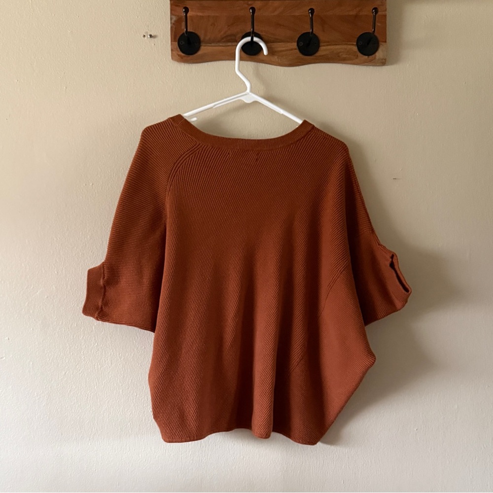 Anthropologie Textured Knit Poncho Sweater Rust Brown Cotton Blend Size XS - Picture 2 of 6